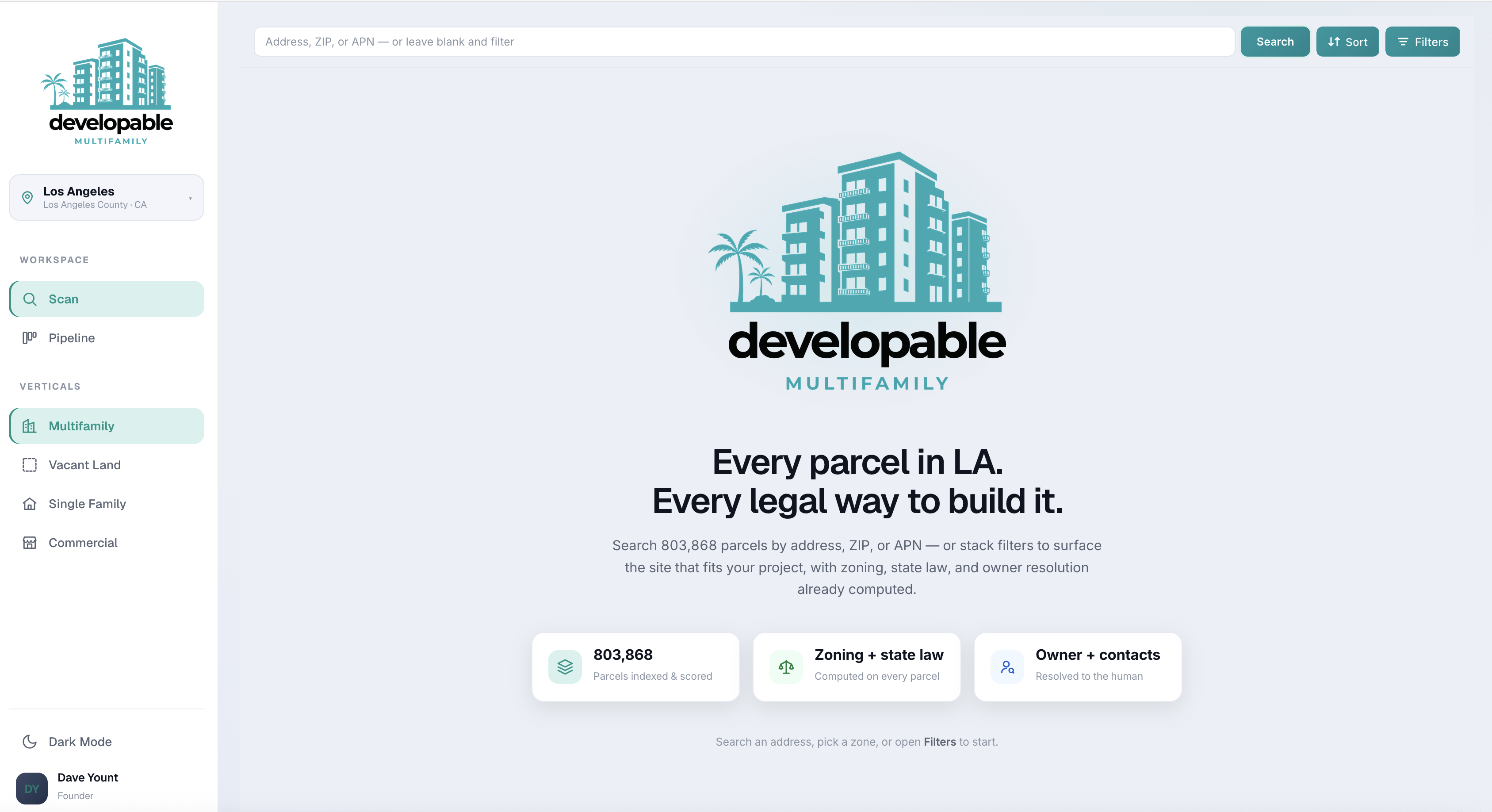 Developable scan — search or filter to surface the sites that fit your project
